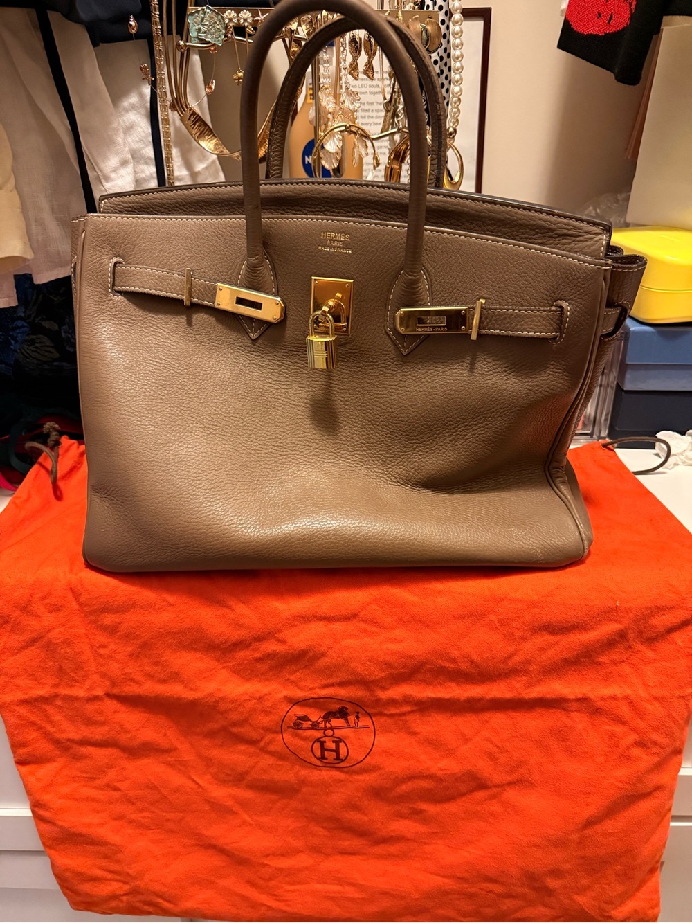 Taupe Togo Birkin-Style Leather Tote with Gold Hardware